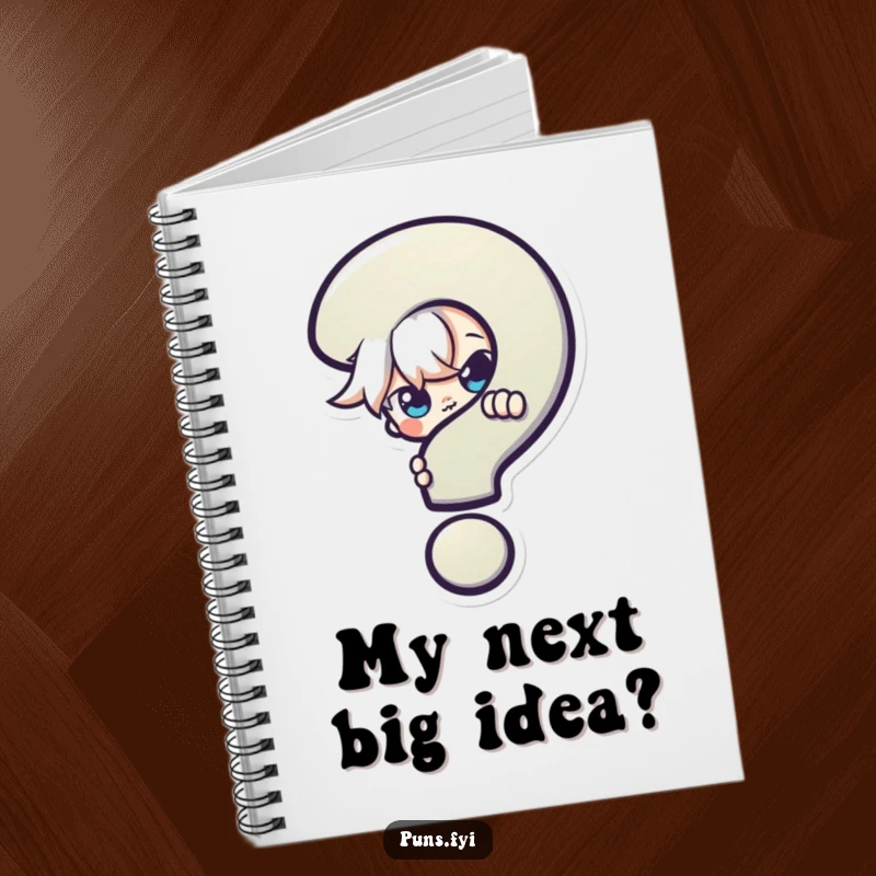 Funny Notebook: A notebook with a cover showing a mischievous character peeking with wide, curious eyes from behind a large, colorful question mark.