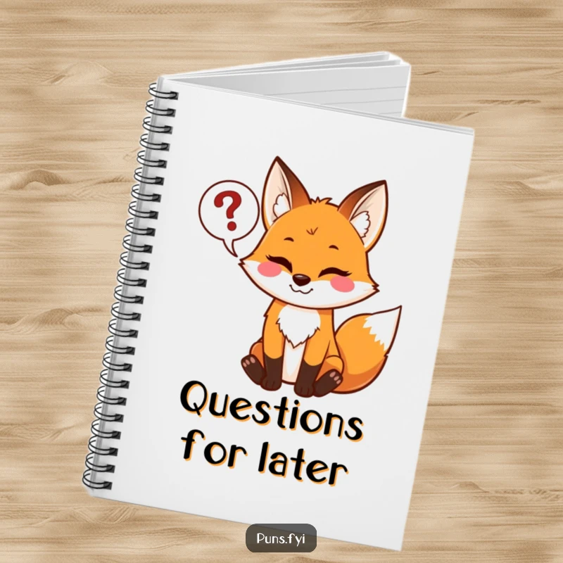 Funny notebook with a mischievous fox holding a speech bubble full of question marks, ideal for jotting down curious ideas.