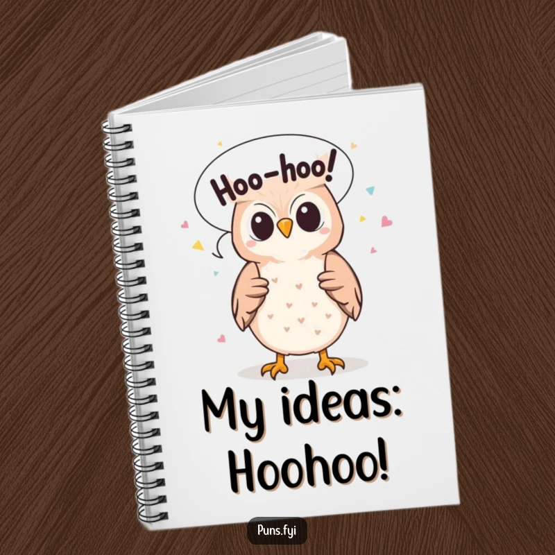 Funny notebook featuring a cute owl character emitting 'Hoo-hoo!' confetti from its speech bubble, encouraging creative writing.