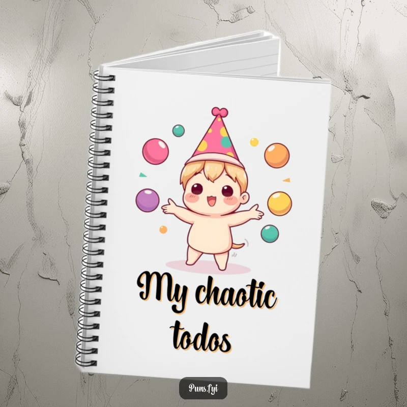 Funny Notebook with a cute character in a party hat, enthusiastically juggling colorful balls, designed for jotting down festive ideas.