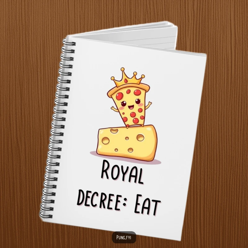 Funny notebook cover with a crowned pizza slice balancing on cheese, representing a regal and humorous space for notes.