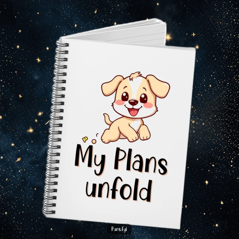 Funny notebook featuring a playful puppy character enthusiastically chasing a bouncy letter P, ideal for notes and doodles.
