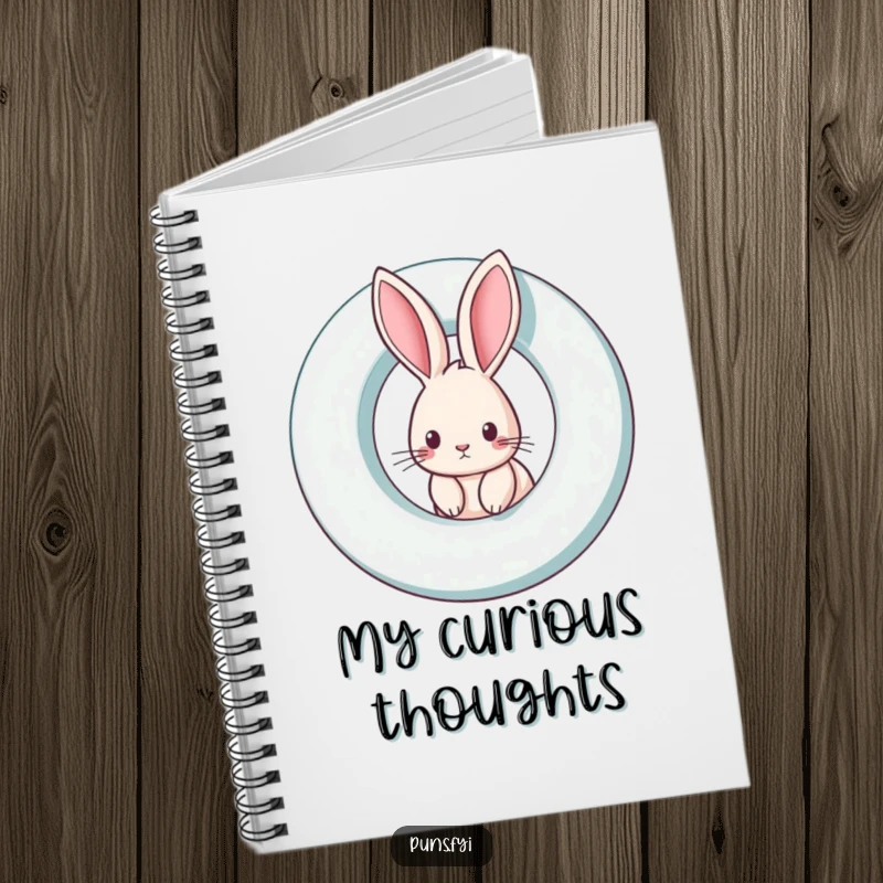 Funny rabbit notebook featuring a curious rabbit peeking from a giant spinning letter, perfect for writing, journaling, and creative exploration.