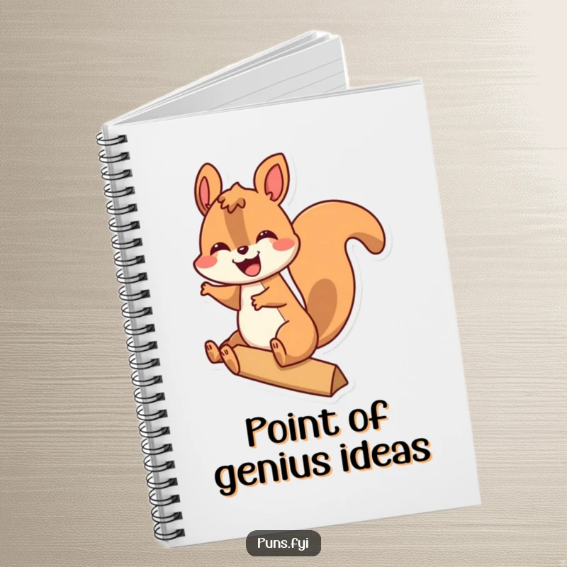 Funny notebook cover with a cheerful squirrel riding a large exclamation point, inspiring energetic note-taking.