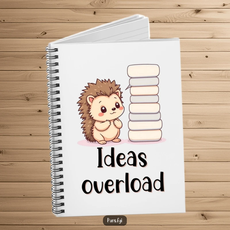 Funny notebook with a thoughtful kawaii hedgehog and word bubbles, perfect for jotting down creative ideas.