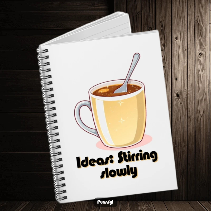 Funny notebook cover with a tiny spoon stirring a large mug of sparkling liquid, representing effort and planning.