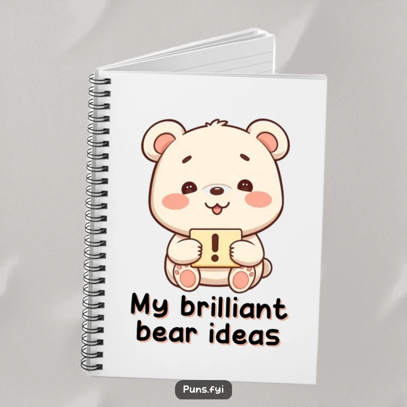 Funny kawaii bear with a playful grin holding an exclamation mark sign on a lined notebook cover, perfect for a funny gift.