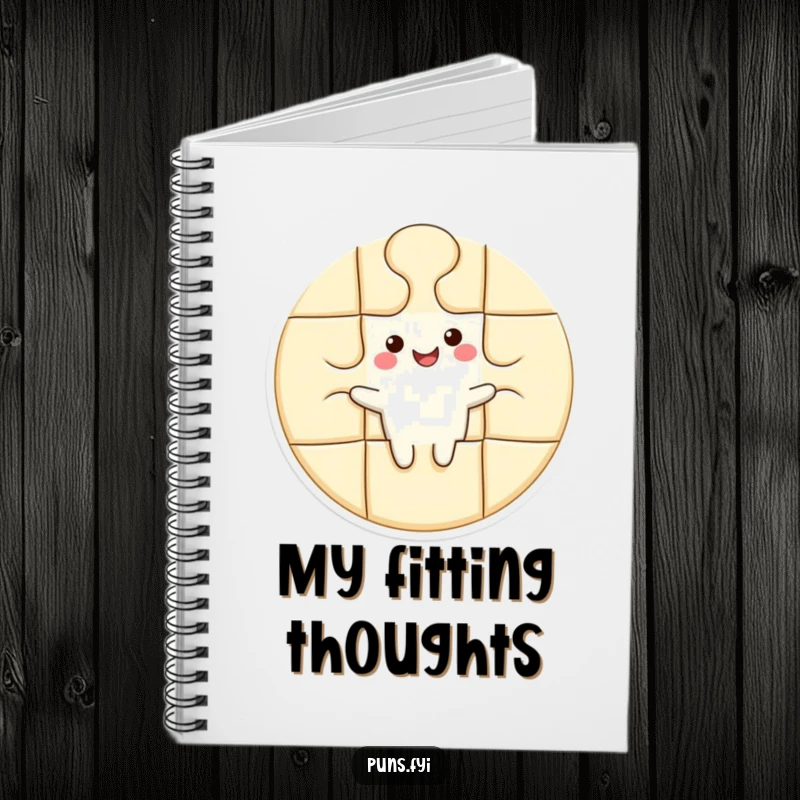 Funny notebook with a smiling puzzle piece character fitting snugly into a larger shape, perfect for capturing inspired thoughts.