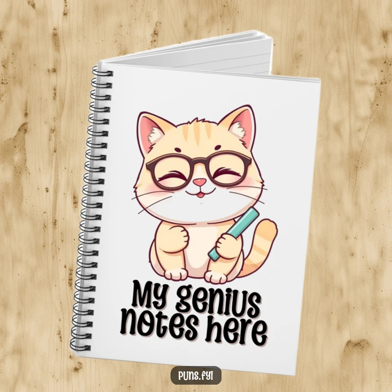 Funny cat notebook with a smiling cat wearing glasses, winking and holding chalk, ready for your notes.