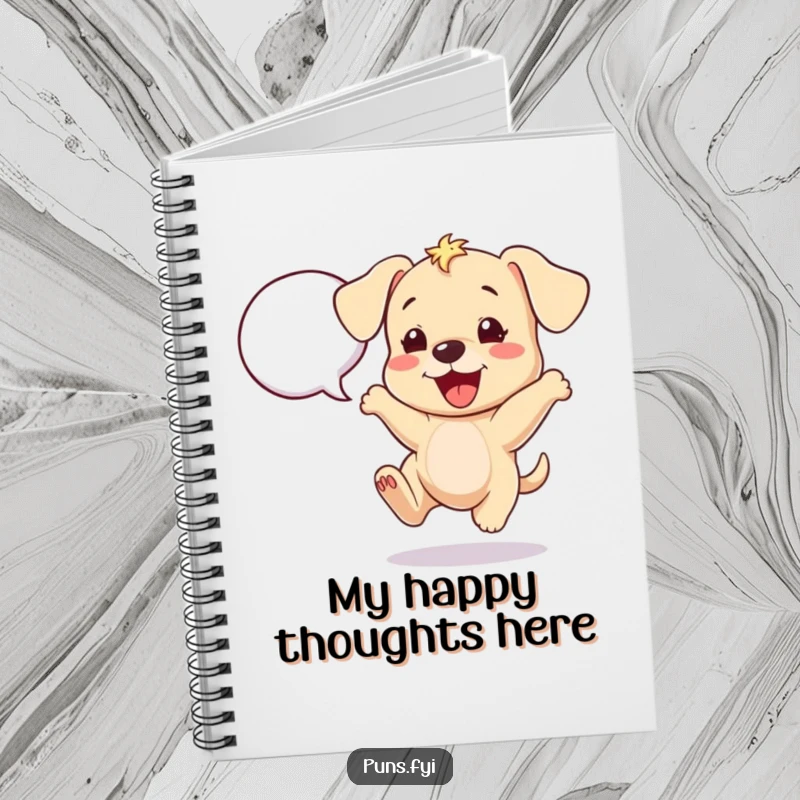 Funny puppy notebook with a cheerful puppy bouncing with excitement next to a speech bubble, ready for your notes.