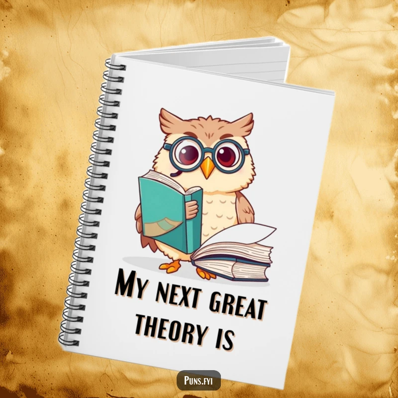 Funny owl notebook with a happy owl wearing a monocle, pointing at a large book, ideal for jotting down notes with scholarly humor.