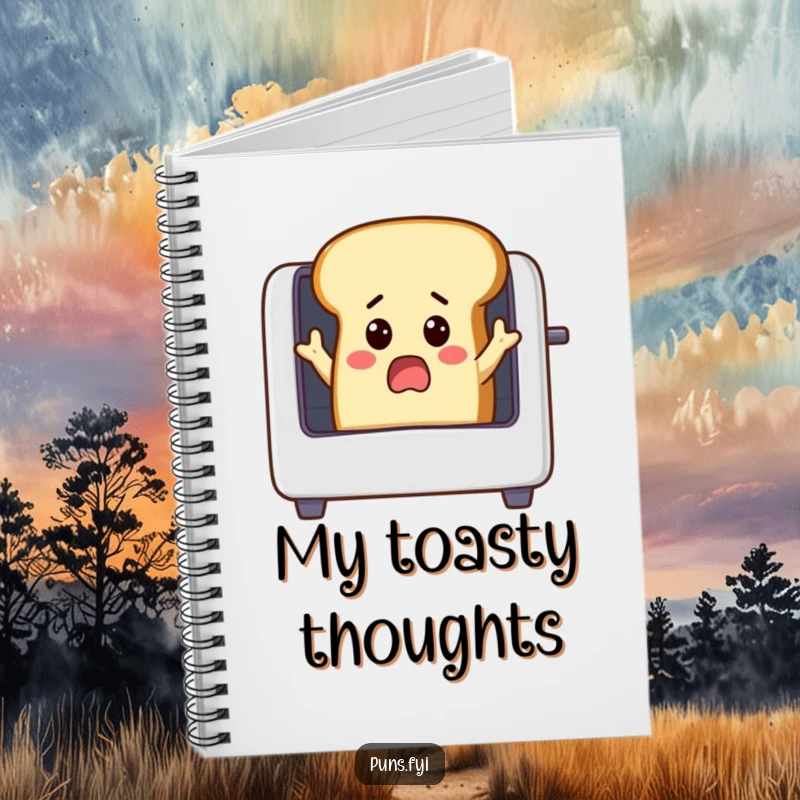 Funny surprised loaf of bread with small arms reaching into a toaster, lined notebook cover, perfect for jotting down funny ideas.