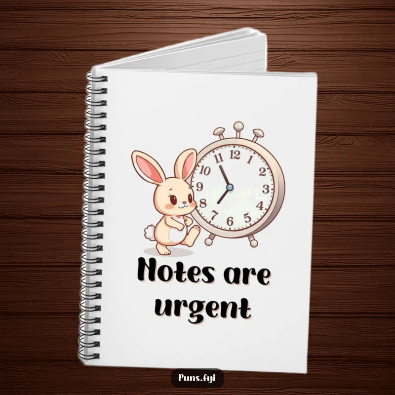 Funny notebook featuring an impatient bunny tapping its foot next to a giant clock, perfect for jotting down notes with humor.