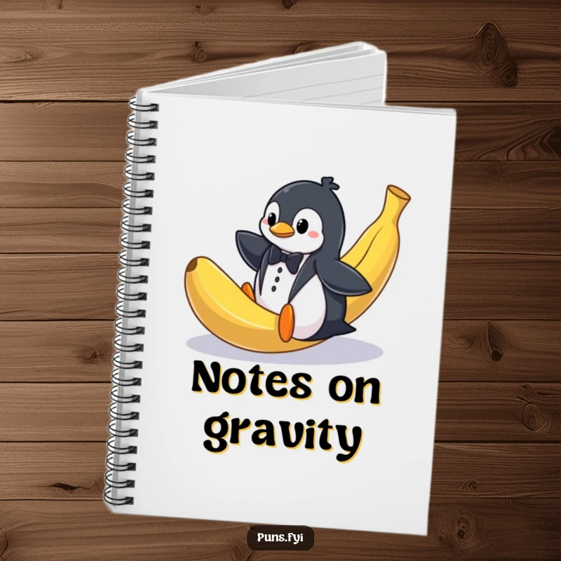 Funny notebook cover featuring a penguin in a tuxedo comically slipping on a large banana peel, a humorous way to take notes.