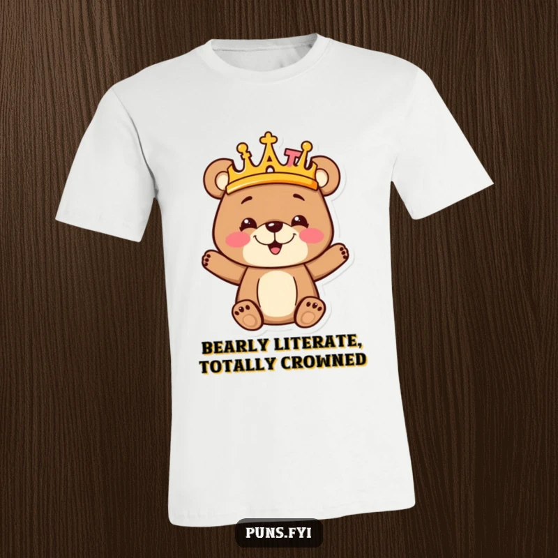 Funny goofy bear cub wearing a majestic crown made entirely of colorful alphabet letters, looking adorable on this T-shirt.