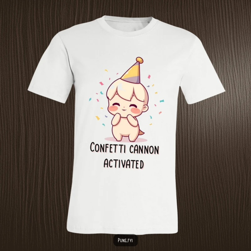 Funny t-shirt showing a character in a party hat blowing confetti, perfect for spreading festive cheer and humorous vibes.