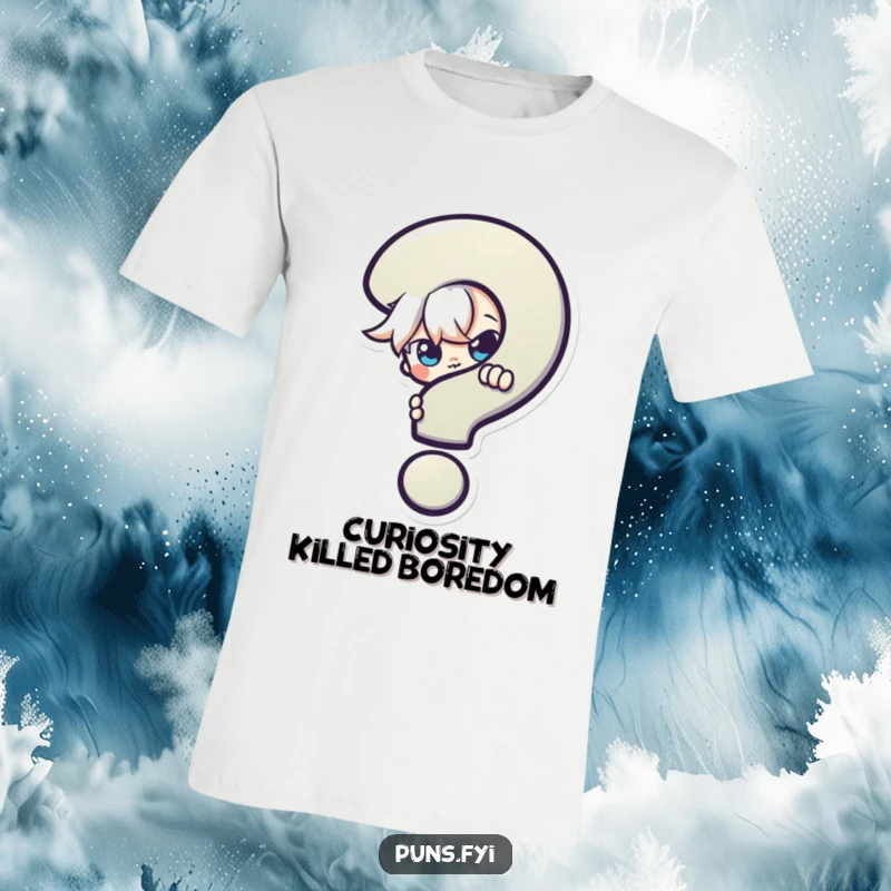 Funny T-Shirt: A cheeky character is half-hidden behind a large, colorful question mark, with eyes full of mischief and playful intrigue.