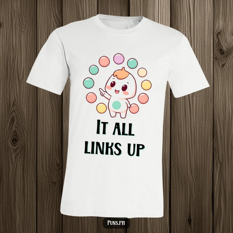 Funny t-shirt with a character enthusiastically pointing towards a visual representation of connected circles, symbolizing networks.