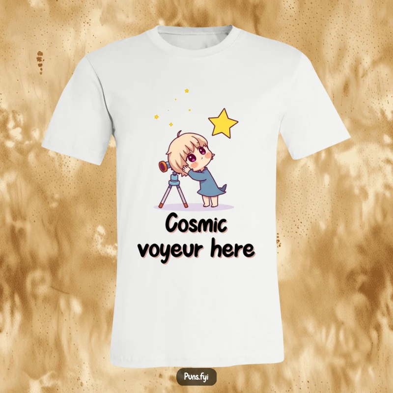 Funny t-shirt featuring a curious character peering through a telescope at a twinkling star, symbolizing exploration and cosmic dreams.