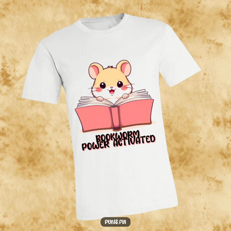 Funny t-shirt with a happy hamster character mysteriously emerging from behind a giant, open book, highlighting a love for stories.