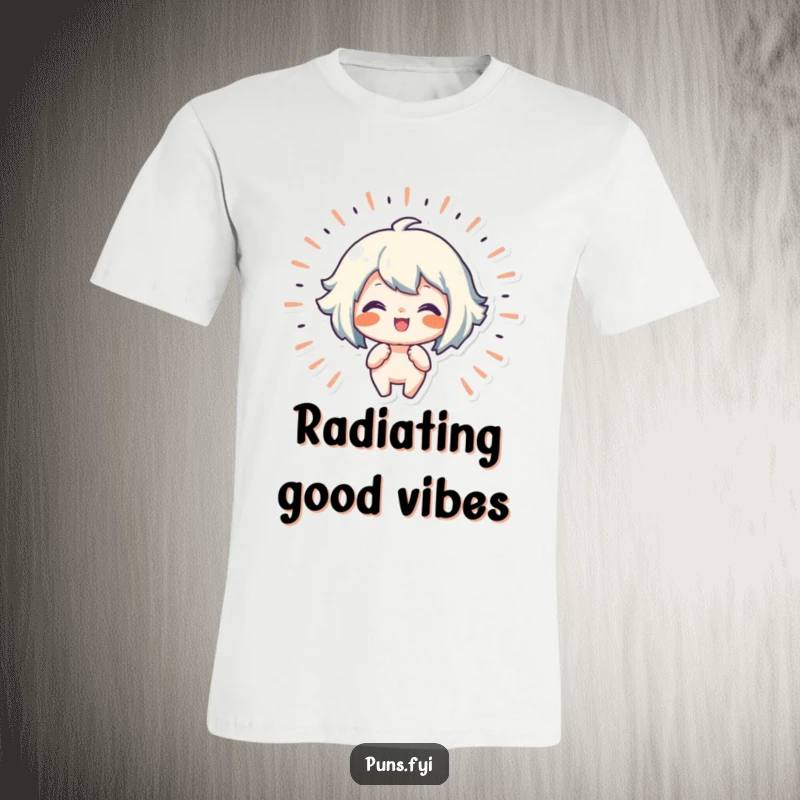 Funny t-shirt featuring a character surrounded by radiating lines, emanating pure joy and infectious happiness.