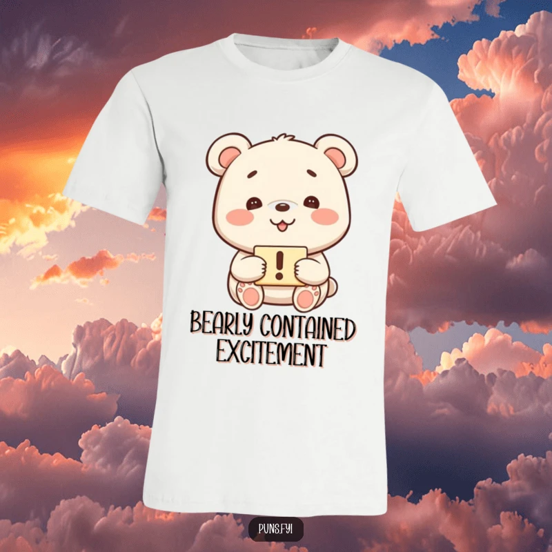 Funny kawaii bear with a wide grin holding a sign with an exclamation mark on a graphic tee, perfect for a funny gift.