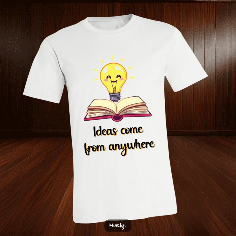 Funny lightbulb t-shirt with a smiley face lightbulb popping out of a book, representing creativity and sudden bursts of insight.