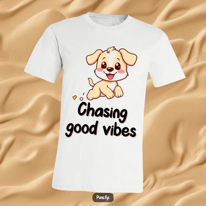 Funny t-shirt with a smiling puppy character enthusiastically pursuing a bouncing letter P, showcasing playful energy and humor.