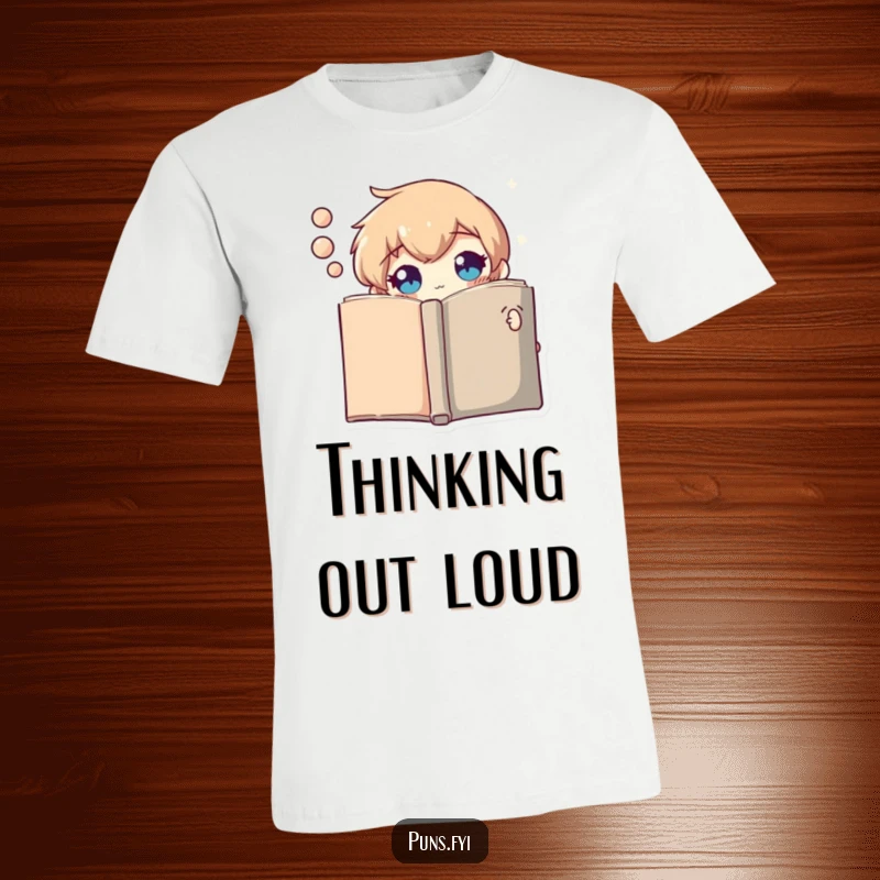 Funny t-shirt displaying a curious thought bubble character peeking from behind a closed book, hinting at untold stories and thoughts.