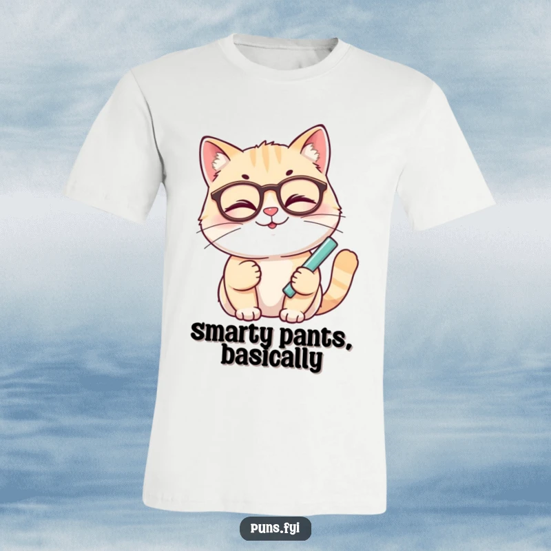 Funny cat t-shirt with a smiling cat wearing glasses, winking while holding chalk, exuding cleverness.