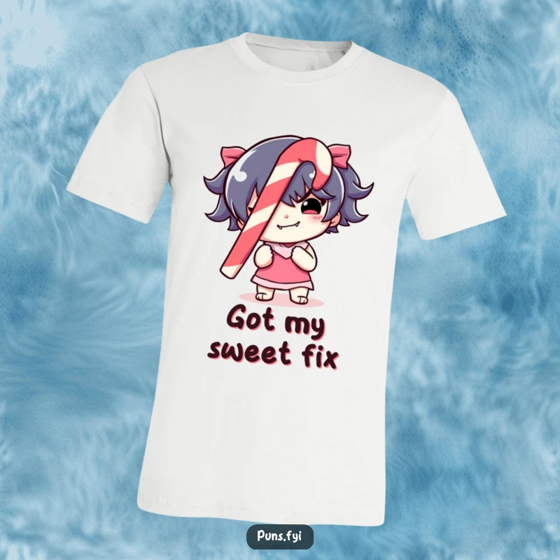Funny T-Shirt showcasing a mischievous character holding a large, colorful, striped candy cane, perfect for holiday cheer.