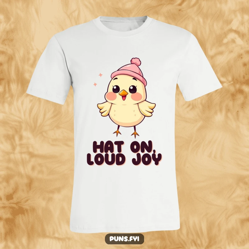 Funny t-shirt depicting a joyful bird in a small hat, loudly chirping with excitement and radiating happiness.