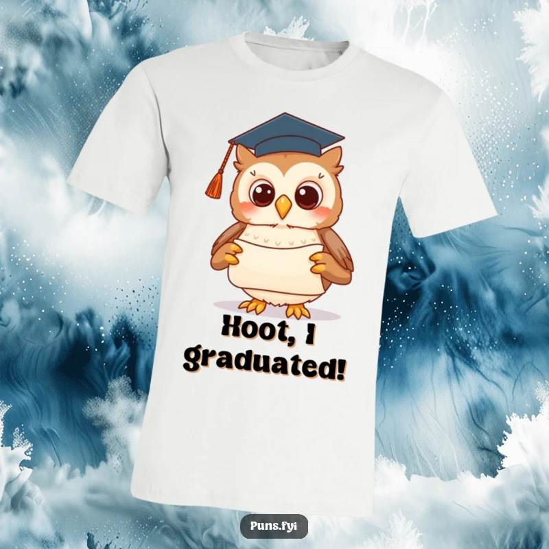 Funny t-shirt with a cute owl in a graduation cap, presenting a scroll with a flourish, representing smart achievement.