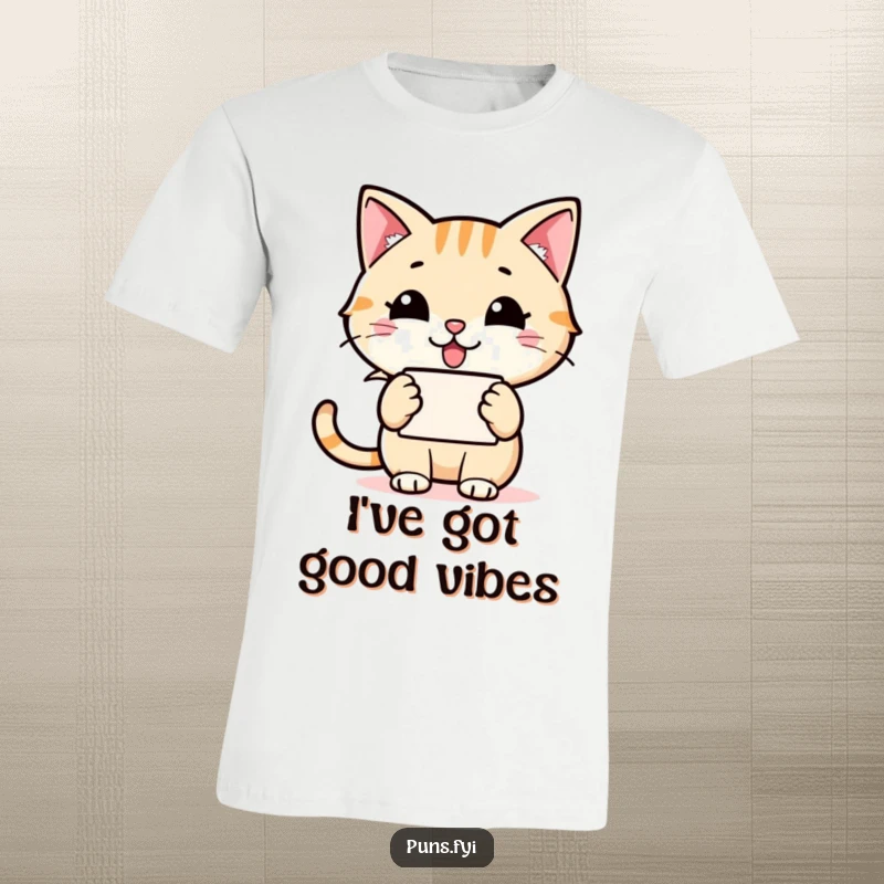 Funny cat t-shirt with a happy cat holding a speech bubble containing a grinning word icon, ideal for expressing cheerful thoughts.