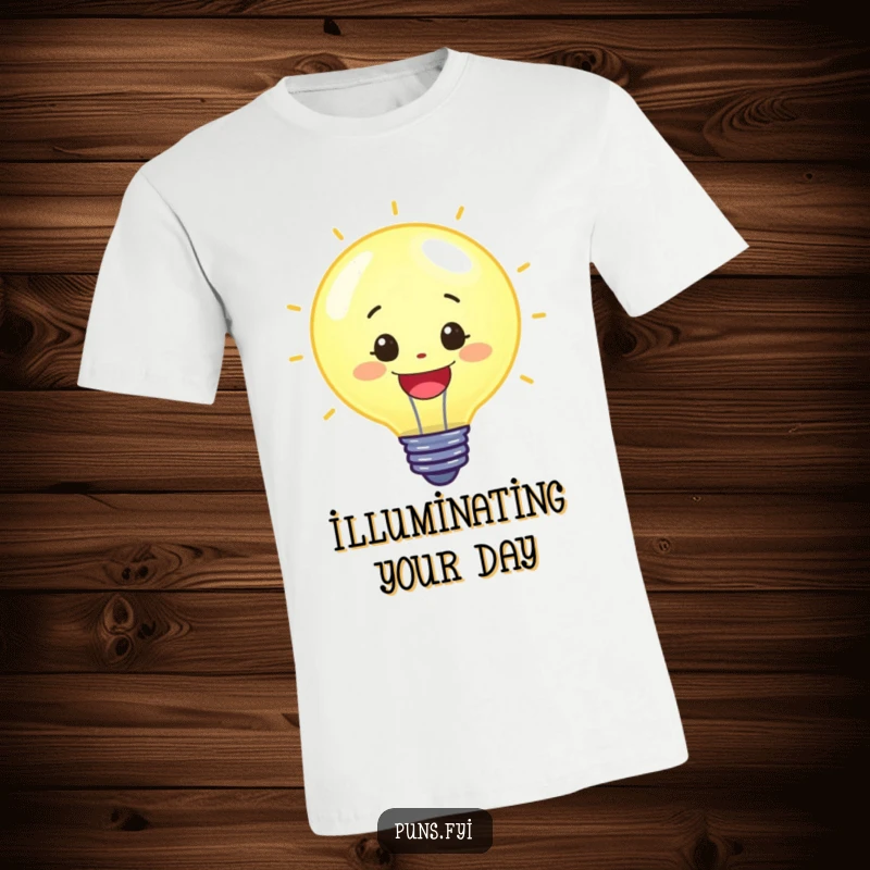 Funny t-shirt with a cheerful, glowing lightbulb character bursting with bright energy and innovative thought, ideal for a funny gift.