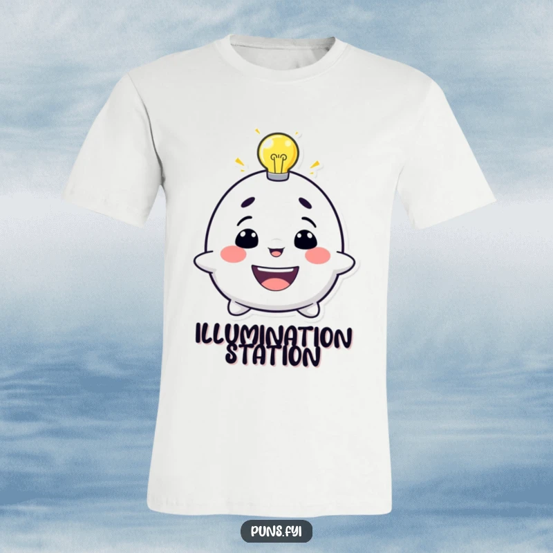 Funny t-shirt showcasing a grinning character with a bright lightbulb illuminating above its head, symbolizing a great idea.