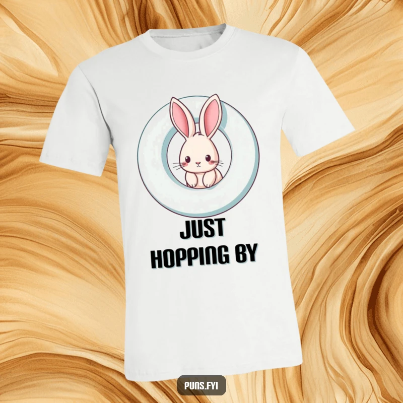 Funny rabbit t-shirt featuring a curious rabbit peeking out from a giant, spinning letter, representing surprise and fun.