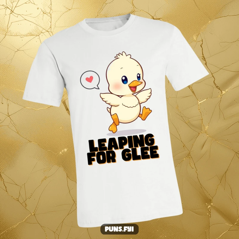 Funny t-shirt showing a kawaii duckling in mid-leap, a speech bubble close by, exuding pure joy and playful energy.