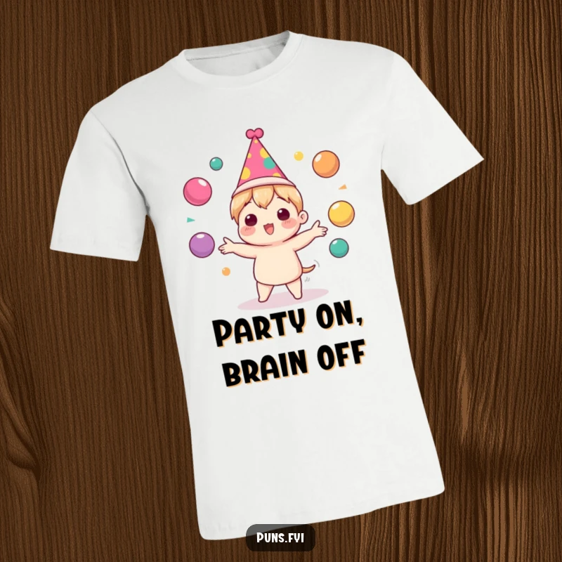 Funny T-Shirt featuring a cute character in a party hat, energetically juggling colorful balls, symbolizing festive excitement.
