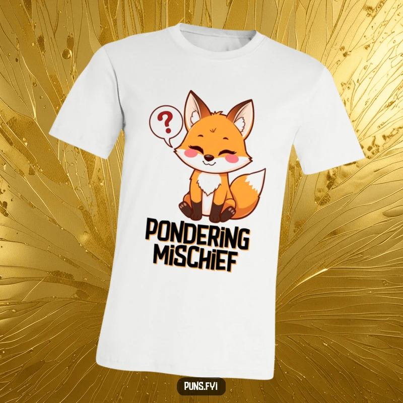 Funny t-shirt featuring a mischievous fox with a grin, holding a speech bubble filled with question marks, inviting intrigue.