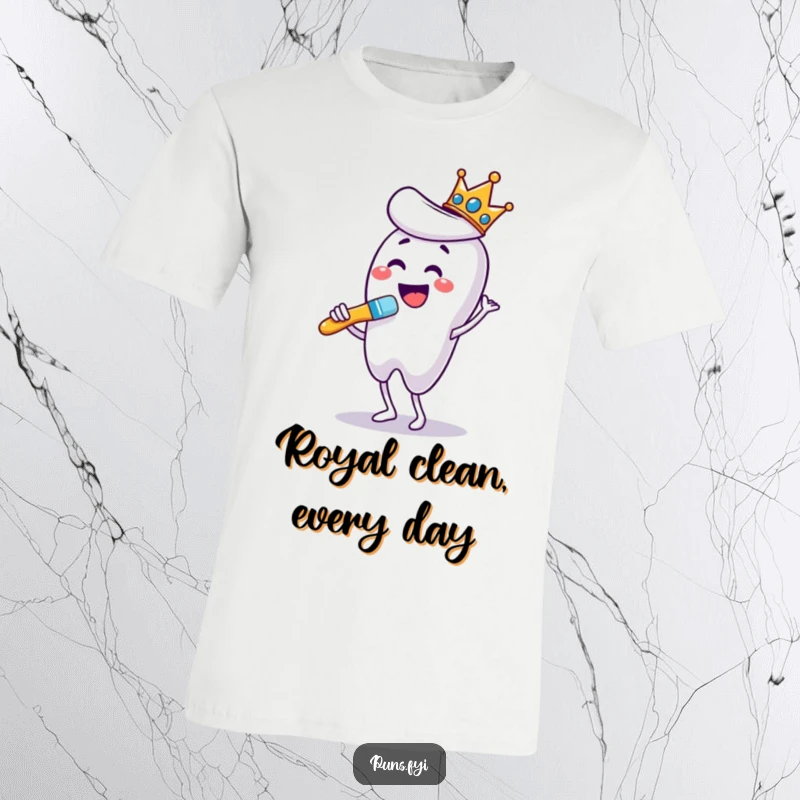 Funny t-shirt depicting a crowned toothbrush dancing energetically while brushing a huge tooth, a symbol of dental enthusiasm.