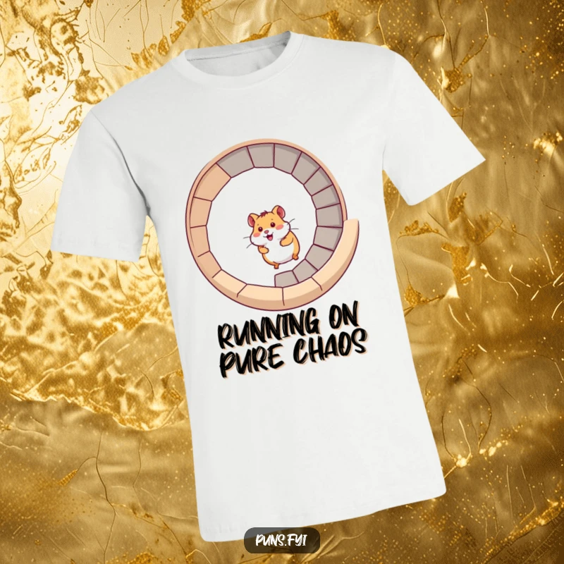 Funny hamster t-shirt featuring a hamster racing up a spiral staircase, representing boundless energy and playful motion.