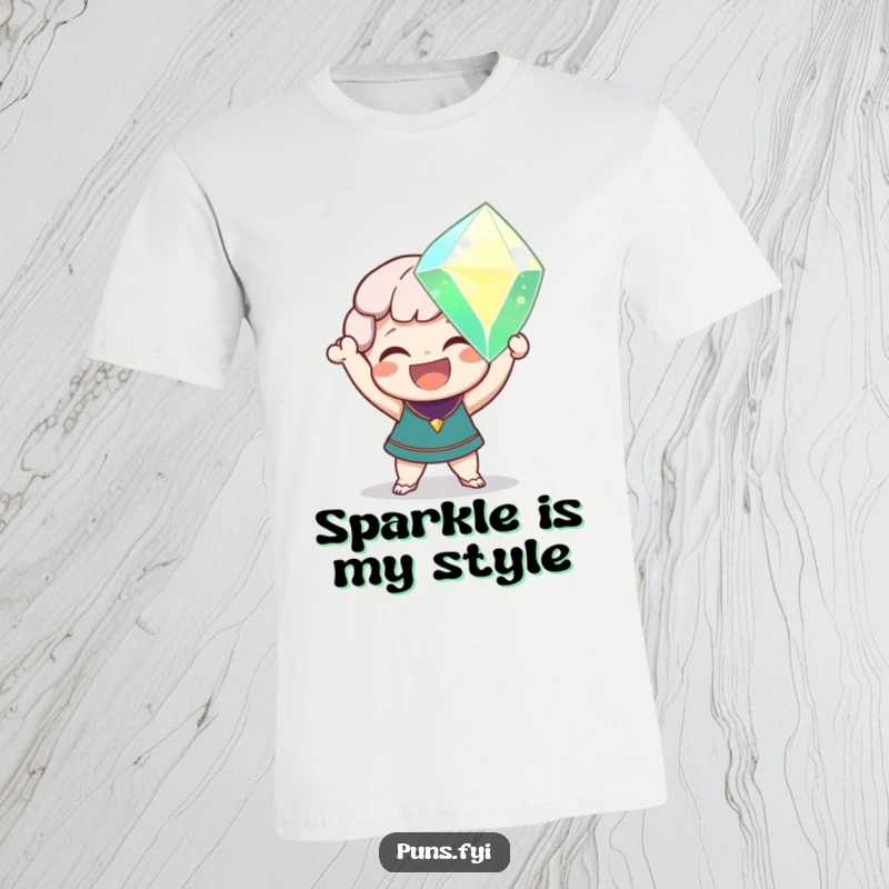 Funny t-shirt featuring a delighted character holding a giant, sparkling gem with a huge smile, radiating happiness and wealth.
