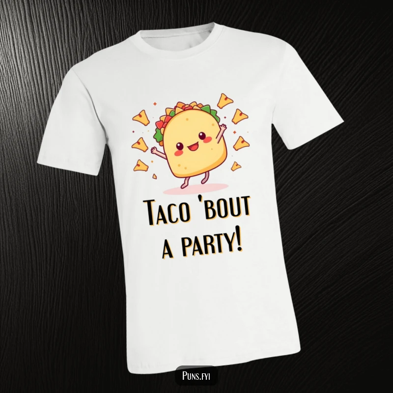 Funny t-shirt illustrating a taco with tiny legs joyfully dancing amidst a shower of tiny flying nachos, a party on your chest.