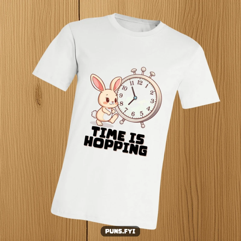 Funny t-shirt featuring an impatient bunny tapping its foot beside a large clock, humorously depicting a sense of urgency.