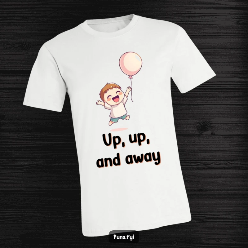 Funny T-Shirt featuring a smiling character jumping exuberantly, reaching for a floating balloon, expressing pure delight.