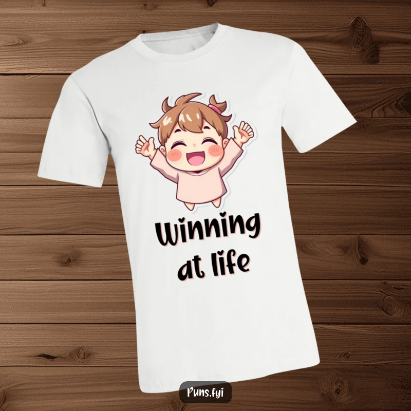Funny T-Shirt: A character is captured in a moment of pure excitement, cheering with both hands joyfully lifted high in the air.