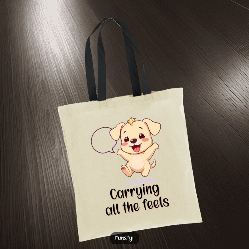 Funny puppy tote bag featuring a cheerful puppy bouncing with excitement next to a speech bubble, ready for adventures.