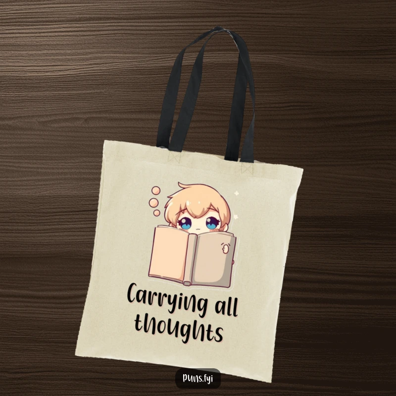 Funny tote bag with a curious thought bubble character peeking from behind a large book, signifying discovery and thought.