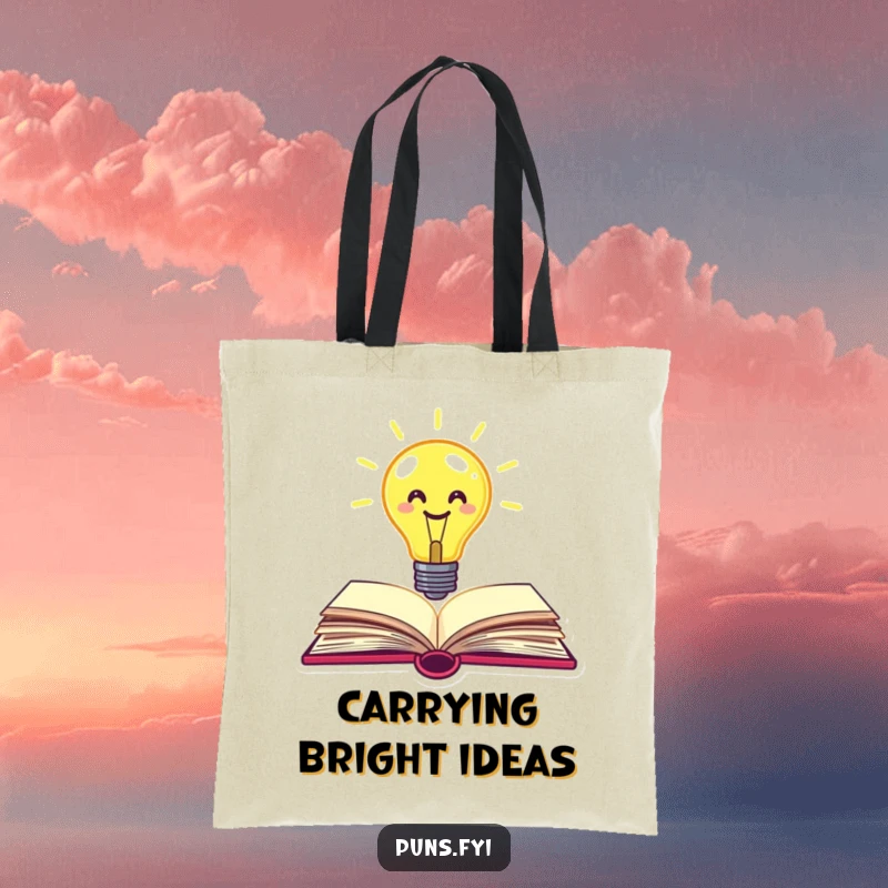 Funny lightbulb tote bag with a smiley face lightbulb popping out of a book, perfect for carrying items with a touch of bright humor.